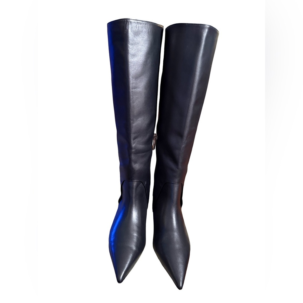 Franco Sarto NWT Sz 7.5M Elegant Black Leather Knee-High Kitten Heel Boots SH250 - Picture 2 of 11